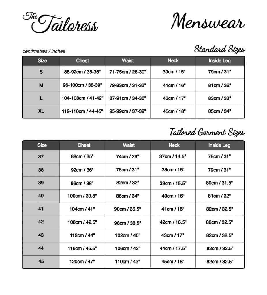 Size Charts - The Tailoress PDF Sewing Patterns